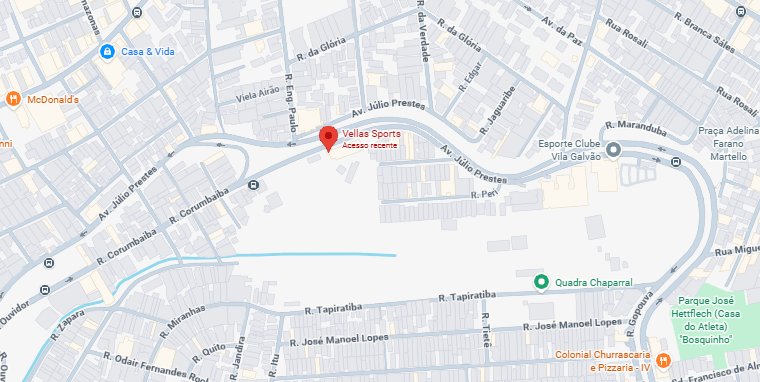 Mapa mostrando a localização do Vellas Sports na Avenida Júlio Prestes, Vila Galvão, Guarulhos